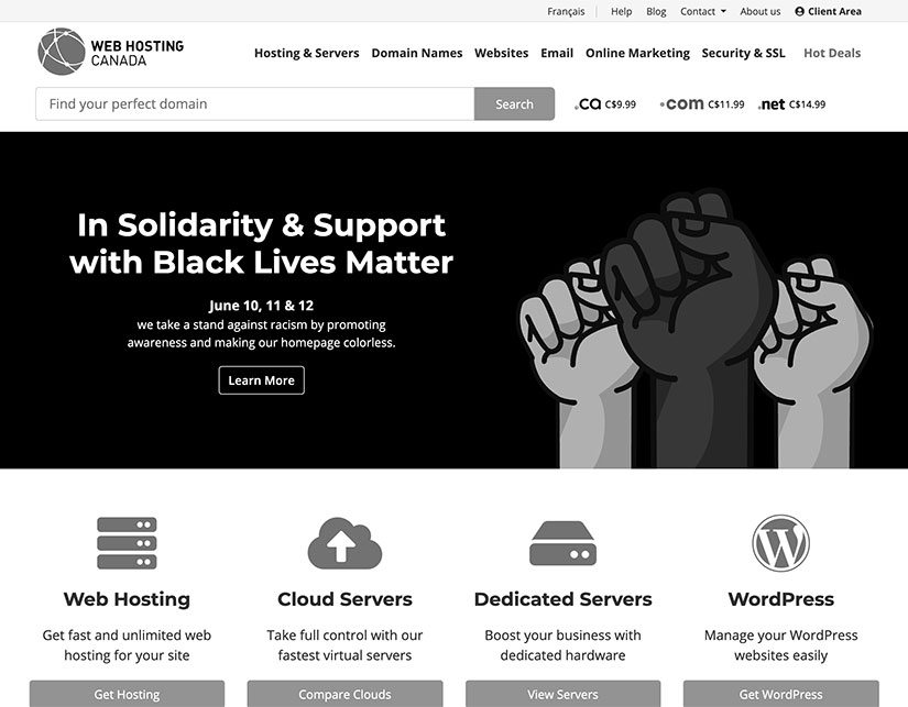 WHC homepage in black and white