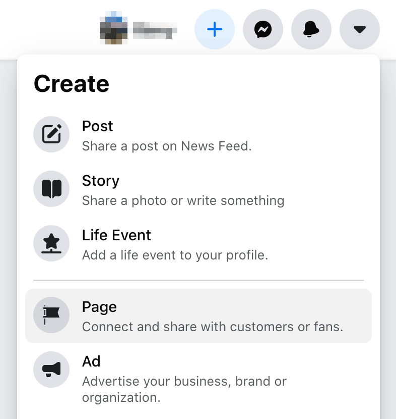Facebook Page creation button