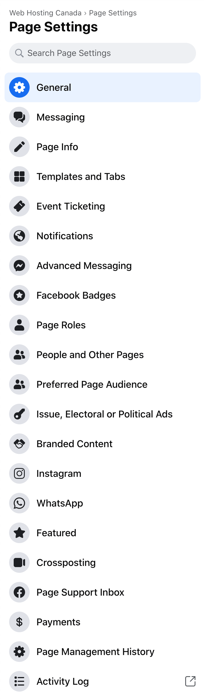 Facebook Page settings