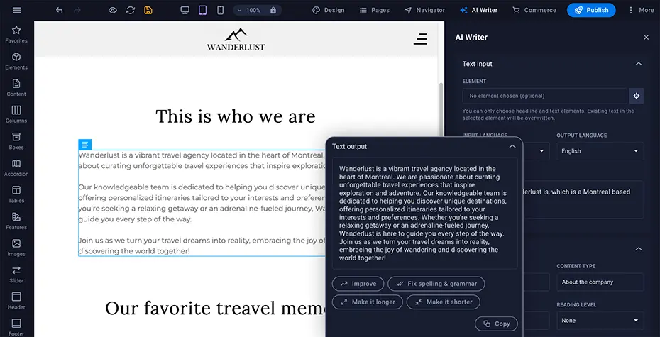 Screenshot of the AI Writer feature